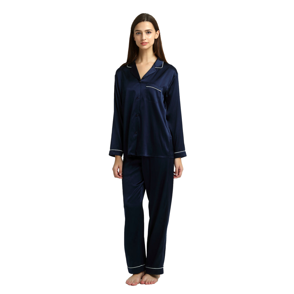 Ladies Pure Silk Navy Pyjamas - Image 2